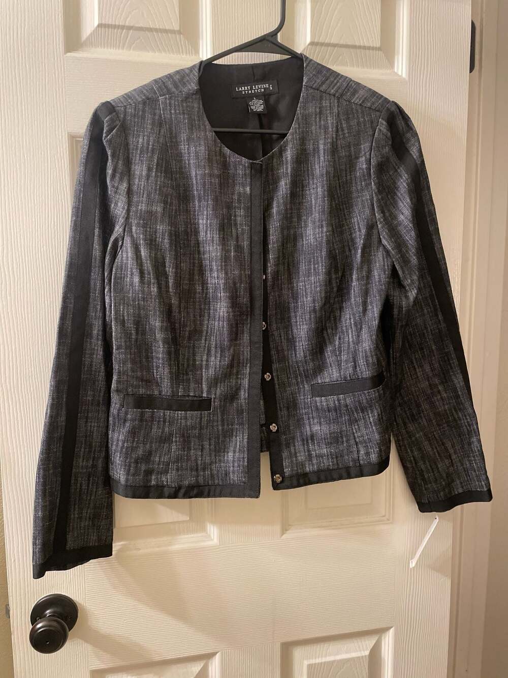 Larry Levine Stretch Women's Collarless Snap Front Jacket Size L Black